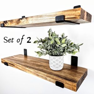 Rustic Wood Floating Shelves Set of 2 – Solid Natural Wood Wall Shelves with Brackets for Bathroom, Kitchen, Farmhouse Industrial Decor