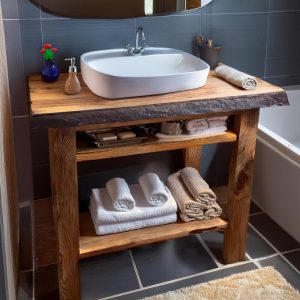 Custom Handmade Rustic Wooden Bathroom Vanity | Farmhouse Style Sink Shelf | Live Edge Handcrafted Unique Wood Table | Mid Century Cabinet