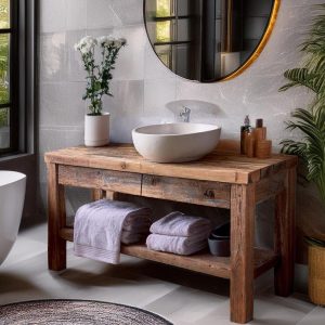 Custom Handmade Rustic Wooden Bathroom Vanity | Farmhouse Style Sink Shelf | Live Edge Handcrafted Unique Wood Table | Mid Century Cabinet