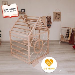 56x43" Up to 6 Years Montessori Climber Playhouse with Waldorf Baby Swing, Gymnastics Rings & Toddler Climber Rope, Handmade Furniture Gift