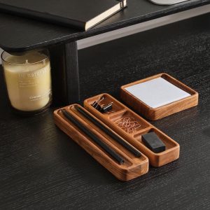 Handmade Wooden Organizer Set with Custom Notes Tray – Personalized Office Desk Accessories and Gift for Boss, Mom or Coworkers