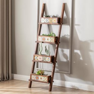 Wall Mounted Plant Ladder Shelf, Indoor Outdoor Plant Stand with 4 Planter Boxes, Solid Wood Tiered Display, Herb Garden Rack, Garden Decor