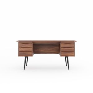 Large walnut office desk with six drawers and black legs, mid century modern, writing desk, study desk, computer desk, bureau