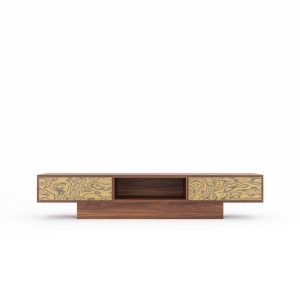 Walnut TV stand lowboard with Ettore Sottsass veneer drawers in Mid Century Modern style, media console, lowboard for media and TV setup