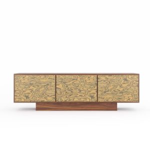 Large walnut sideboard with three doors, Ettore Sottsass veneer, media console, buffet, credenza, dresser, commode, cabinet