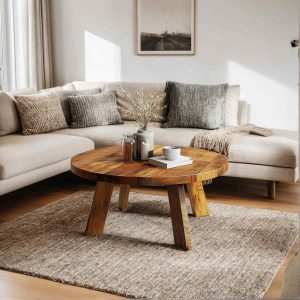 Rustic Reclaimed Wood Round Coffee Table, Handmade Chestnut Wood Living Room Furniture, Farmhouse Design, Barnwood Round Coffee Table