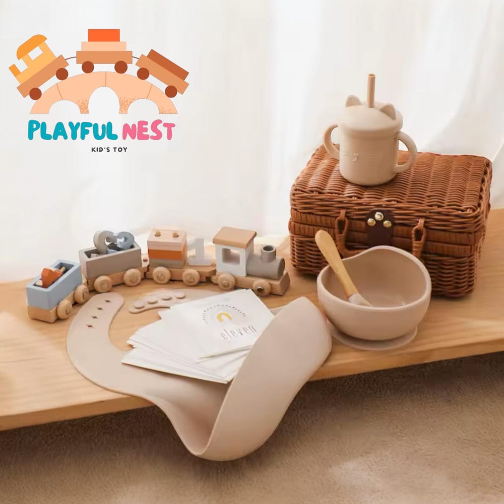 Baby Small Wooden Train Toy Set Infant Feeding Tableware Box Set Gifts Kid Monthly Milestone Card Babies Birth Vintage Box Gifts - Image 2