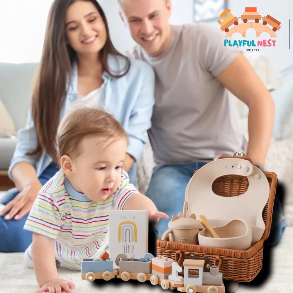 Baby Small Wooden Train Toy Set Infant Feeding Tableware Box Set Gifts Kid Monthly Milestone Card Babies Birth Vintage Box Gifts - Image 3