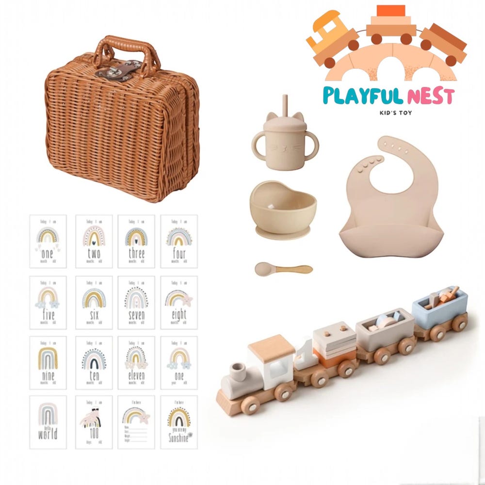 Baby Small Wooden Train Toy Set Infant Feeding Tableware Box Set Gifts Kid Monthly Milestone Card Babies Birth Vintage Box Gifts - Image 5