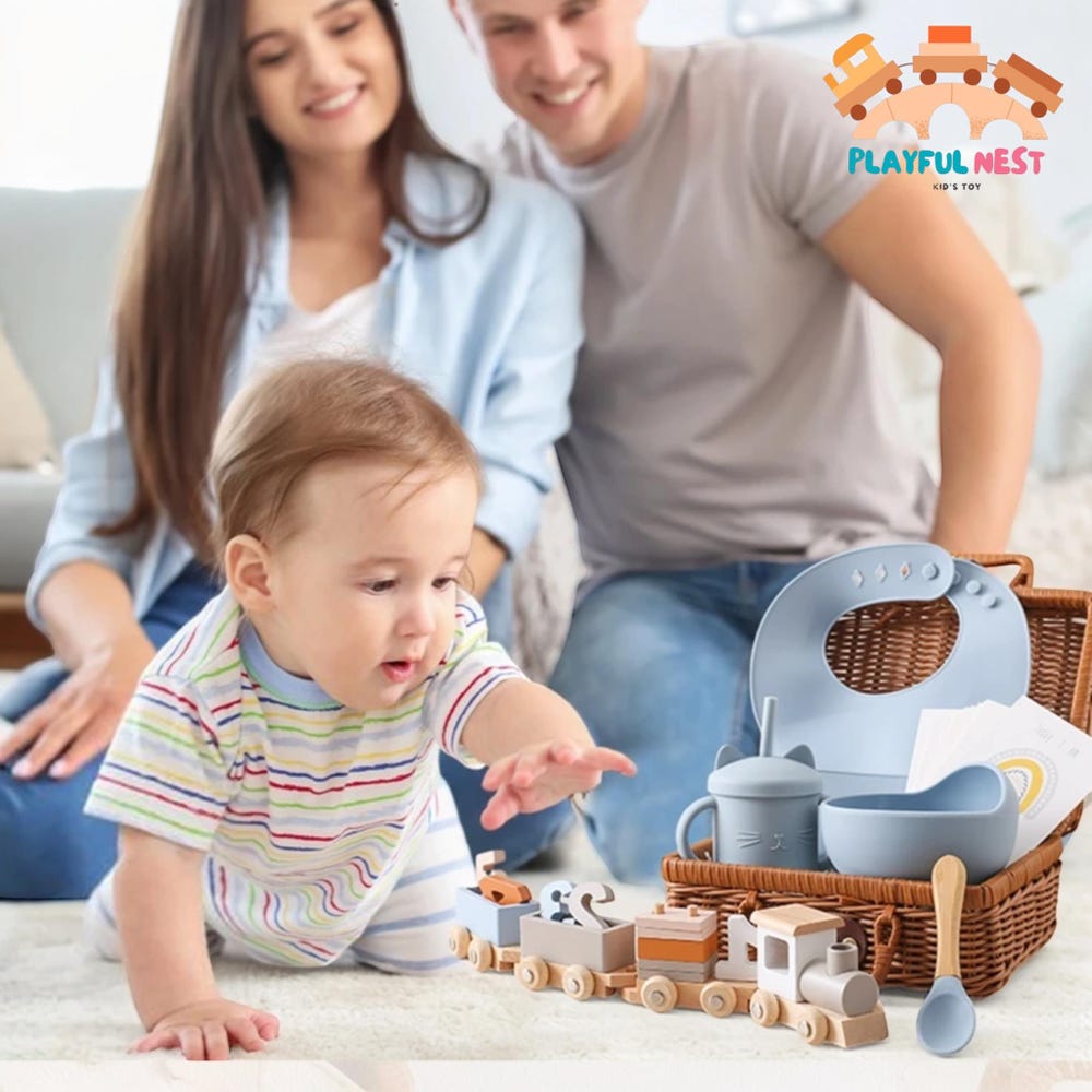 Baby Small Wooden Train Toy Set Infant Feeding Tableware Box Set Gifts Kid Monthly Milestone Card Babies Birth Vintage Box Gifts - Image 5