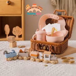 Baby Small Wooden Train Toy Set Infant Feeding Tableware Box Set Gifts Kid Monthly Milestone Card Babies Birth Vintage Box Gifts