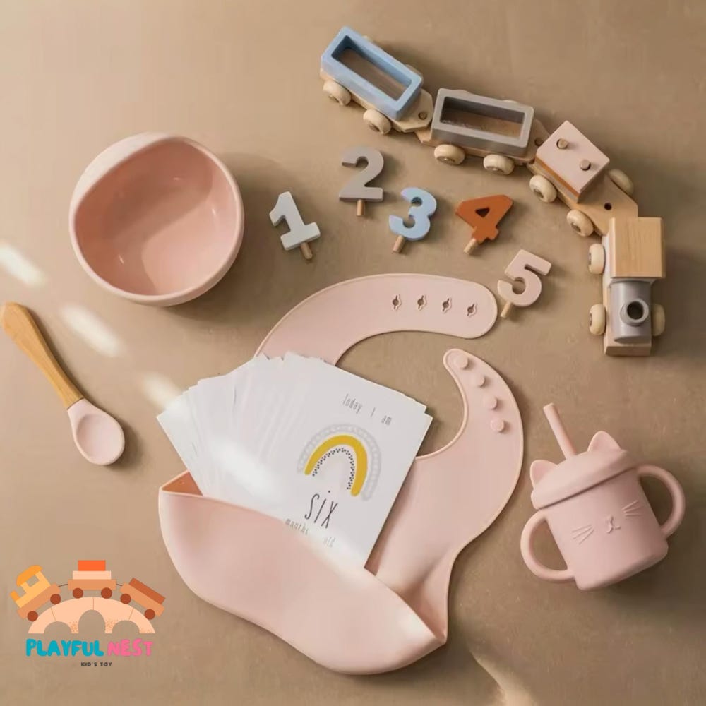 Baby Small Wooden Train Toy Set Infant Feeding Tableware Box Set Gifts Kid Monthly Milestone Card Babies Birth Vintage Box Gifts - Image 6