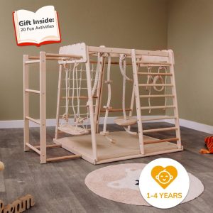 55х42″ Up to 4 Years Scandinavian Wooden Climbing Complex: Swedish Ladder, Climbing Rope, Monkey Bars, Gymnastic rings, Kids Swing, Play Mat