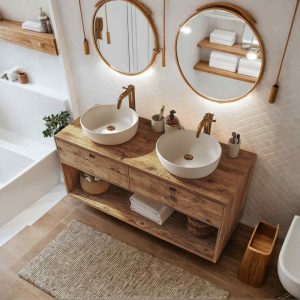 Reclaimed Wood Rustic Bathroom Floating Vanity with Drawers, Handmade Farmhouse Double Sink Vanity with Drawers for Rustic Bathrooms