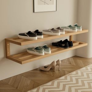 2-Tier Wall Mounted Shoe Rack - Solid Wood Floating Shelf - Minimalist Entryway Organizer - Handmade Double Shoe Storage Shelf