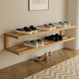 2-Tier Wall Mounted Shoe Rack - Solid Wood Floating Shelf - Minimalist Entryway Organizer - Handmade Double Shoe Storage Shelf