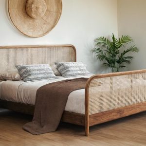 Brown Oak Bed with Rattan Headboard and Footboard  Wooden Bed Frame, Boho Style Bed, Natural Rattan Accent Bed for Bedroom