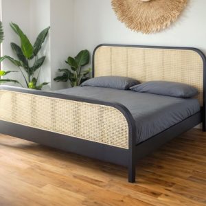 Black Oak Bed with Rattan Headboard and Footboard  Wooden Bed Frame, Boho Style Bed, Natural Rattan Accent Bed for Bedroom