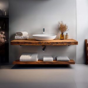 rustic handmade custom wooden double shelf floating bathroom vanity old style farmhouse decor sink table live edge reclaimed solid wood