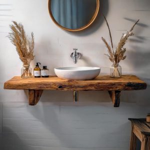 rustic handmade custom wooden floating bathroom vanity old style farmhouse decor sink table live edge reclaimed solid wood shelf countertop