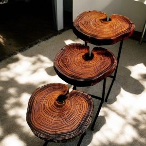 Live Edge Wood Nesting Tables - Handmade Tree Slice Side Table Set - Rustic Coffee Tables with Metal Legs