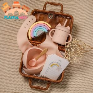 Baby Small Wooden, Bib, Kitchen Toy Set Infant Feeding Tableware Box Set Gifts Kid Monthly Milestone Card Babies Birth Vintage Box Gifts