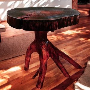 Live Edge Coffee Table with Tree Branch Leg, Wooden Coffee Table with Copper Rope, Round Rustic Wood Coffee Table for Living Room Decor