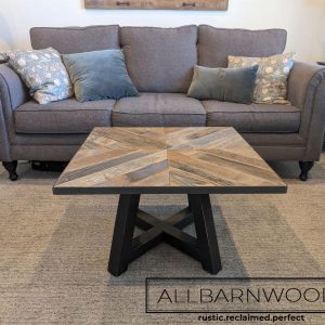 Square Wooden Coffee Table with X Style Farmhouse Solid Wood Legs | Reclaimed Barnwood Top Metal Barrel Band | Rustic Living Room Furniture