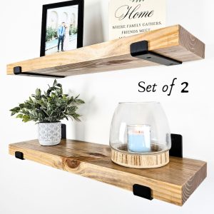 Living Room Shelves | Set of 2 | Solid Wood Shelving with Industrial Brackets | Reclaimed Farmhouse Style Shelf | 1.45" Thick | Handmade