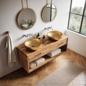 Reclaimed Wood Rustic Bathroom Floating Vanity with Drawers, Handmade Farmhouse Double Sink Vanity with Drawers for Rustic Bathrooms