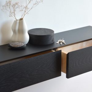 Black oak entryway shelf with hidden drawers / narrow entryway table