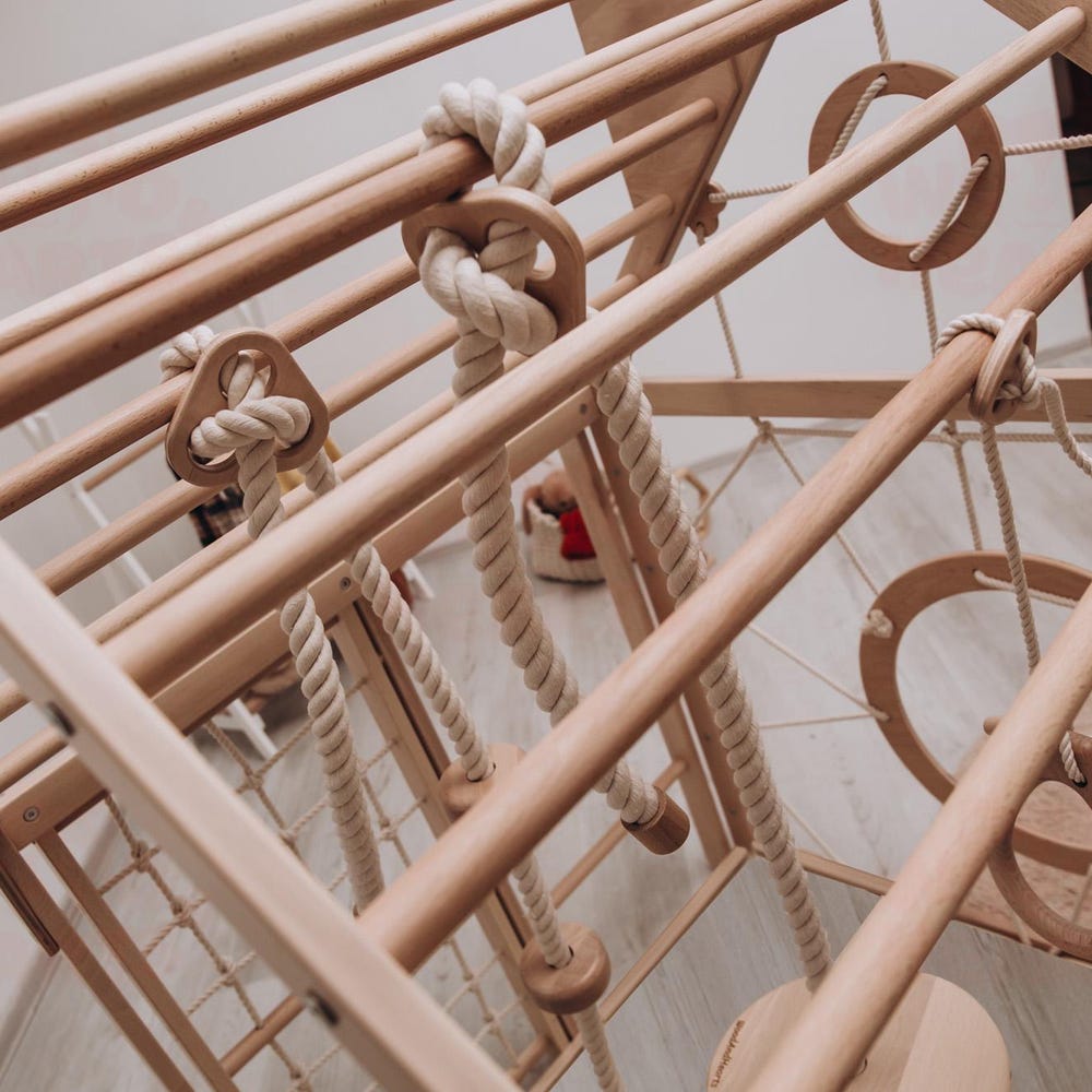 56x43" Up to 6 Years Montessori Climber Playhouse with Waldorf Baby Swing, Gymnastics Rings & Toddler Climber Rope, Handmade Furniture Gift - Image 5