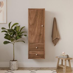 Walnut Bathroom Linen Storage Cabinet with Drawers