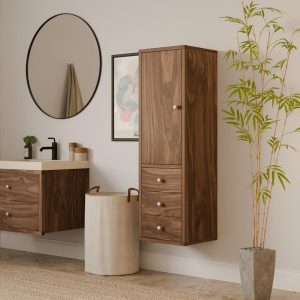 Walnut Bathroom Linen Storage Cabinet with 3 Drawers, Tall