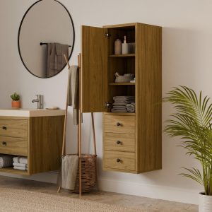 White Oak Bathroom Linen Storage Cabinet with 3 Drawers, Tall