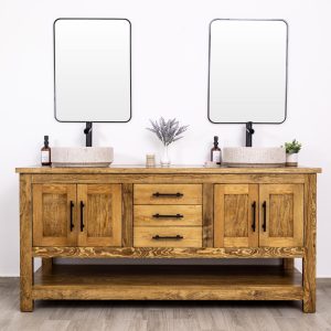 Double Sink Bathroom Vanity with Solid Wood Countertop, Custom Farmhouse Vanity in Solid Pine Wood