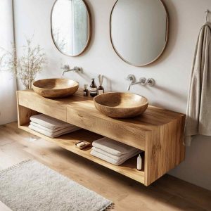 Reclaimed Wood Rustic Bathroom Floating Vanity, Handmade Farmhouse Double Sink Vanity for Rustic Bathrooms, Counter Top Wood Table