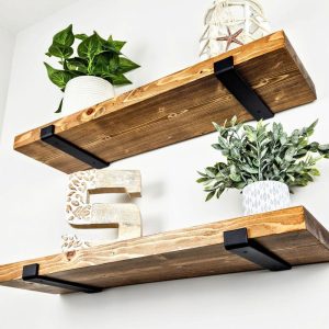 SET OF TWO Floating Wood Shelves – Premium Rustic Shelving with Industrial Brackets – Handmade by CraftsmanSmith –Ships in 48 Hours or Less!