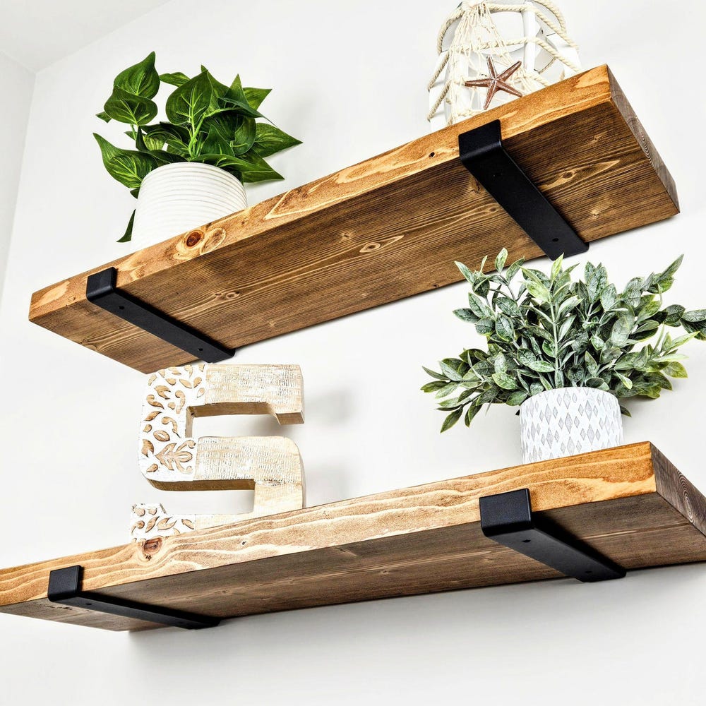 SET OF TWO Floating Wood Shelves – Premium Rustic Shelving with Industrial Brackets – Handmade by CraftsmanSmith –Ships in 48 Hours or Less!