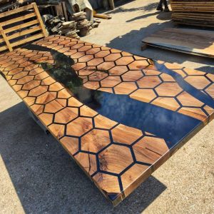 Honeycomb patterned black epoxy dining room table, custom cut walnut wood dining table, reclaimed kitchen furniture