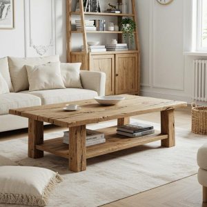 Rustic Reclaimed Wood Coffee Table with Shelf, Handmade Chestnut Wood Living Room Furniture, Farmhouse Unique Design, Barnwood Coffee Table