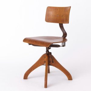 Vintage 1950s Industrial Chair – Adjustable German Factory Stool, Beech Wood Frame