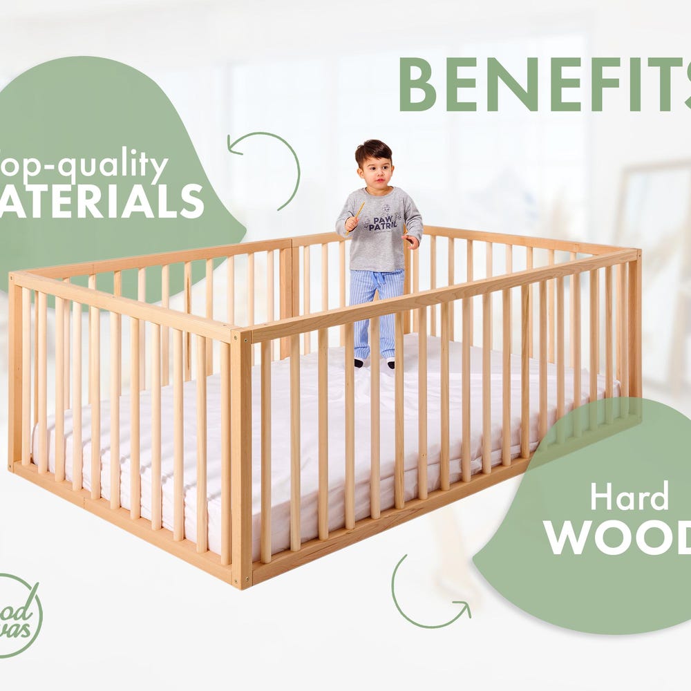 Baby playpen, Montessori full size floor bed with Extra Protection, Nursery furniture, Wooden playpen, Baby furniture, Kids beds - Image 9