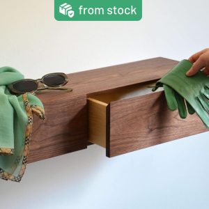Floating entryway shelf / narrow entryway table with hidden drawers, made of walnut