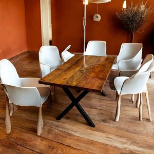 Walnut Wood Dining Table, Handmade Rustic Kitchen Table, Live Edge Solid Wood Table with Metal Legs, Modern Farmhouse Furniture