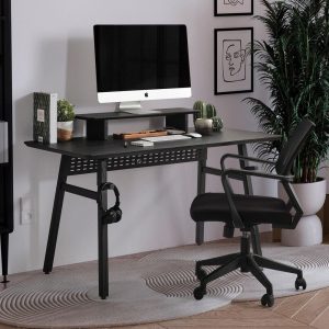Modern Wooden Office Desk with Cable Organizer and Headphone Holder – Black Oak or Walnut Table for Home Office, Stylish Workstation Gift