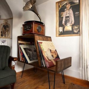 Handmade Wooden Record Player Stand, Vintage Turntable Console, Vinyl Storage & Retro Music Furniture for Living Room, Modern Audio Stand