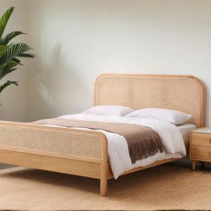 Beige Oak Bed with Rattan Headboard and Footboard  Wooden Bed Frame, Boho Style Bed, Natural Rattan Accent Bed for Bedroom