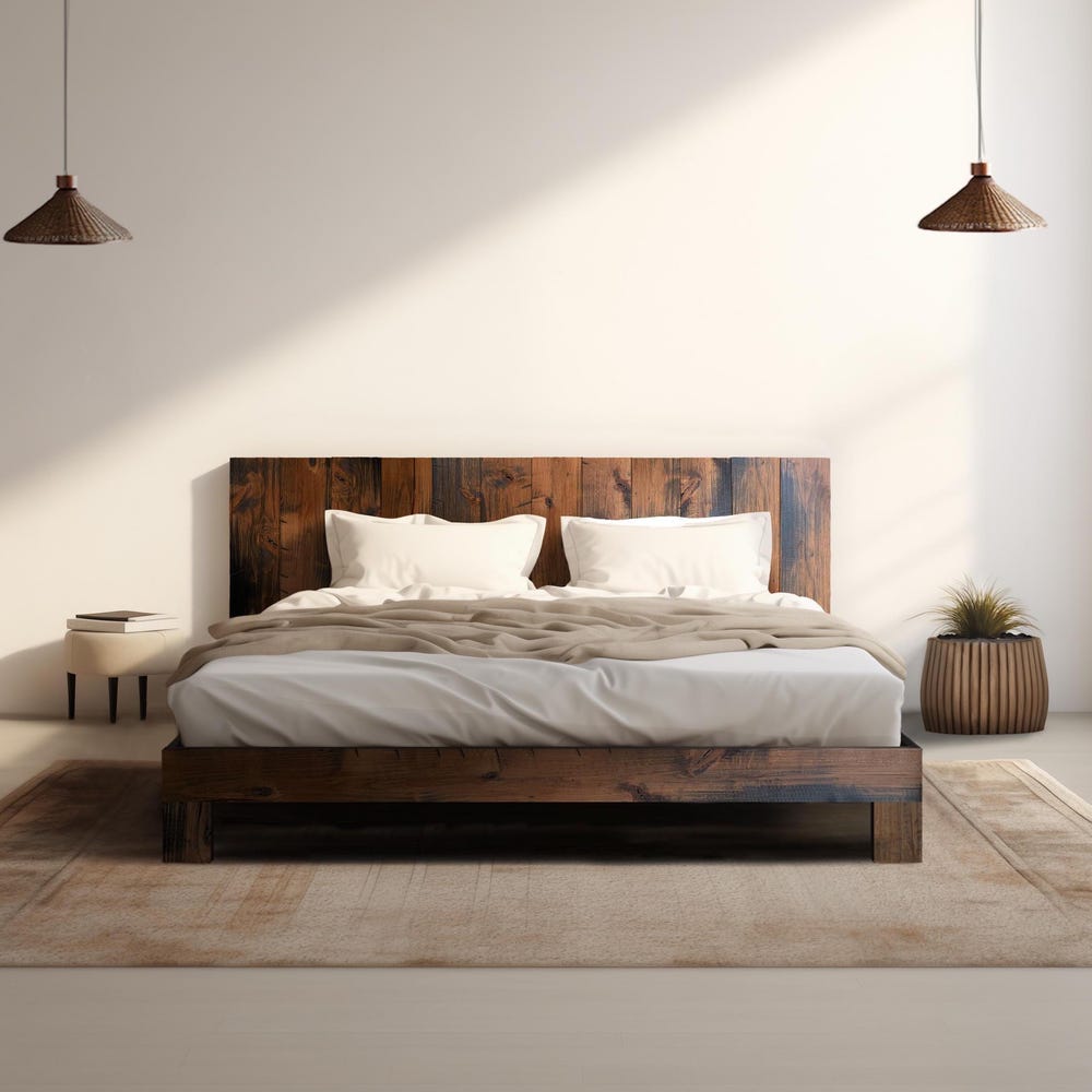 Sky Bed - Quick Ship - Barnwood Reclaimed Aesthetic - Modern Rustic - Solid Wood - Platform Bed Frame & Headboard - Handmade in USA