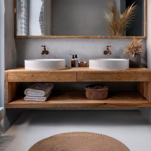 rustic handmade custom wooden double shelf floating bathroom vanity old style farmhouse decor sink table live edge reclaimed solid wood